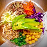Plant-Based Power Grain Bowl · red quinoa, farro, brussels sprouts, kale, avocado, garbanzo beans, vegan tofu vinaigrette
