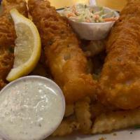 Fish N Chips · Alaskan cod, PBR-batter, fries, slaw.