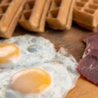 Breakfast Waffle · With two fried eggs and prosciutto.