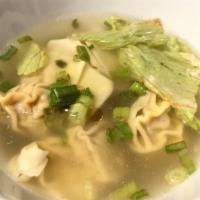 Shrimp Pork Wonton Soup 虾馄饨汤 · Fresh shrimp, pork, cabbage wontons in chicken broth soup. 6pcs