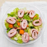 Chefs Salad · Romaine lettuce with ham, turkey and swiss cheese pinwheel tomato, onions, cucumber, and car...