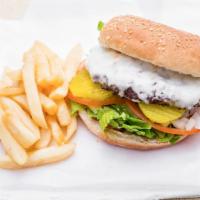 Deluxe Cheese Burger · Served with French fries and pickles.