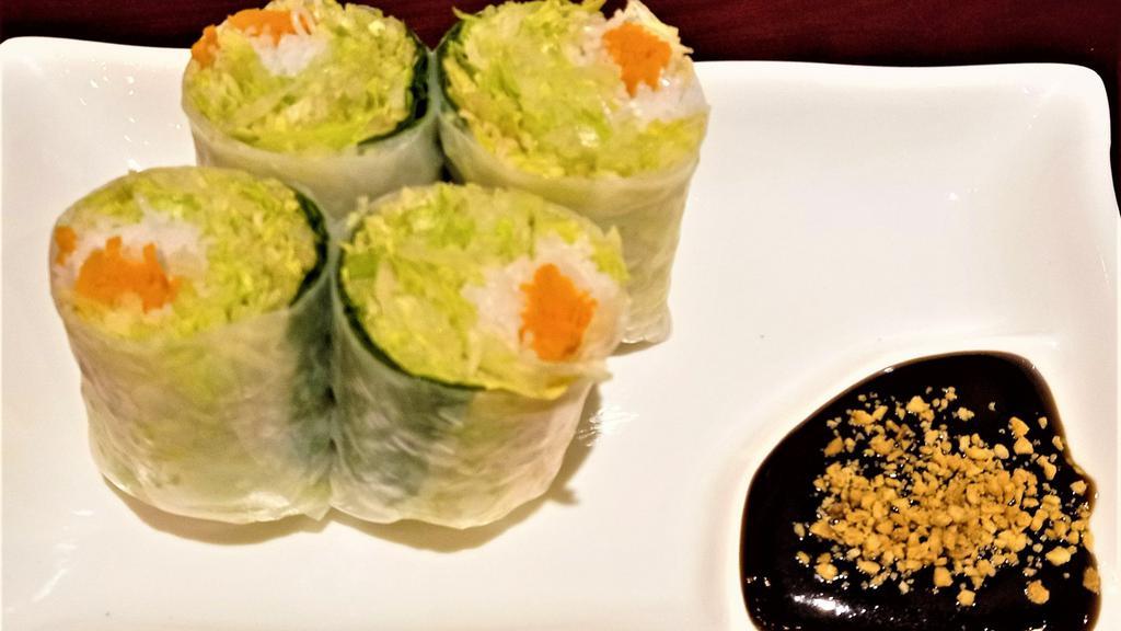 Fresh Basil Rolls · (Vegetarian) fresh roll made with rice paper, carrot, lettuce, noodle, and basil. This is served with a hoisin sauce and ground peanut.