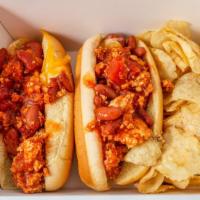 Chili Cheese Dogs · 2 All beef hot dogs flame grilled topped with chili & cheddar cheese, served with chips!