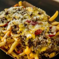 Bronson Fries · Steak, cheese whiz, onions, and cherry peppers over fries. Feeds 2.