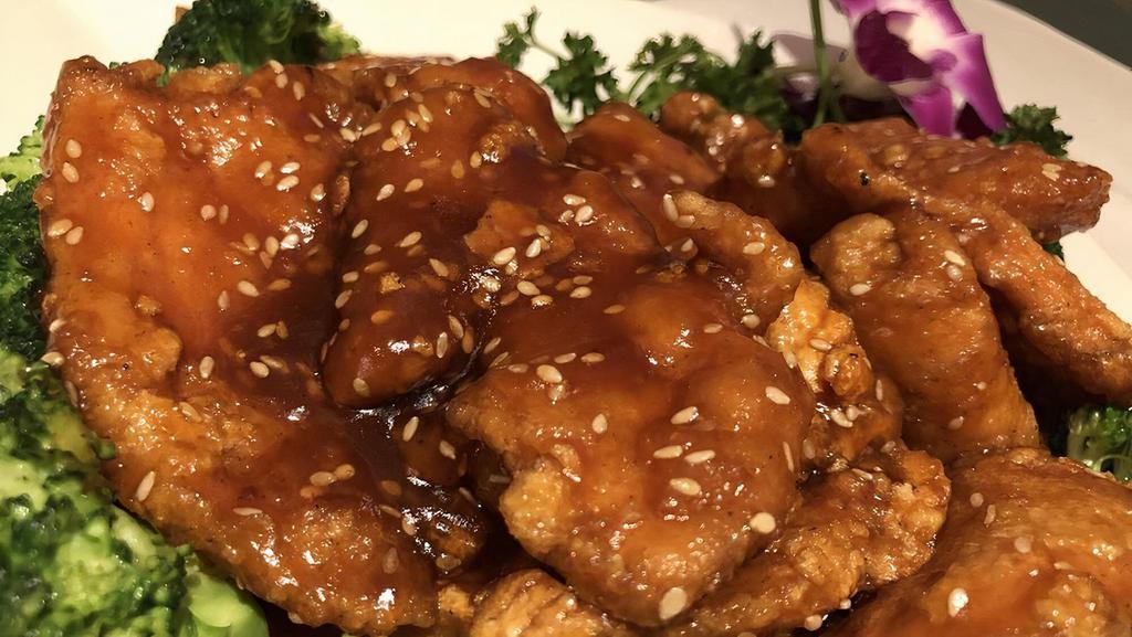 Sesame Chicken · Served with white rice brown rice vegetable fried rice or pork fried rice. choice of egg roll wonton egg drop hot and sour soup or soda.