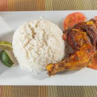 Chicharron De Pollo Con Hueso · Chicken chunks with bone. Includes large rice, medium beans, your choice of fried green plan...