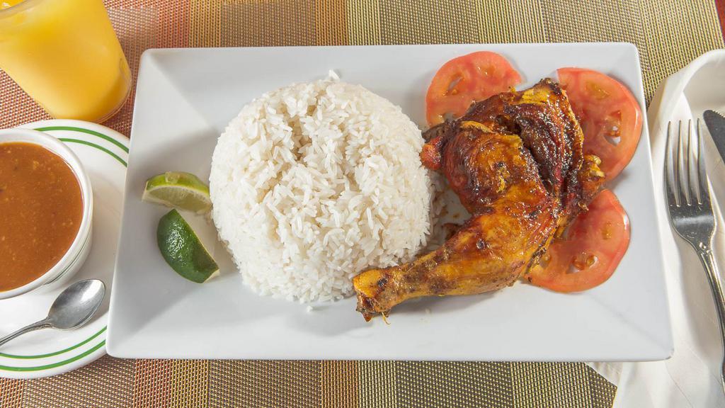 Chicharron De Pollo Con Hueso · Chicken chunks with bone. Includes large rice, medium beans, your choice of fried green plantains or small salad, and a two liter soda.