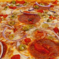 Spagnola · Pepperoni, green olive, red onion, roasted pepper, sauce and mozzarella cheese.