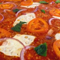 Margherita · Plum tomato, red onion, sauce, fresh basil and mozzarella cheese.