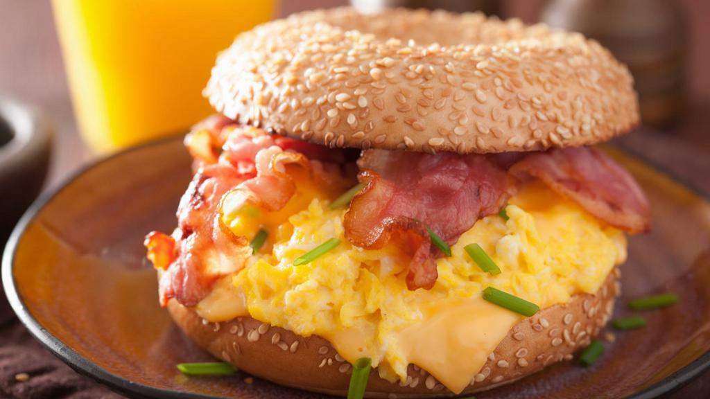Bacon, Egg & Cheese Sandwich · Delicious Breakfast sandwich containing Bacon, melted cheese and customer's preference of cooked eggs, served on a toasted roll.