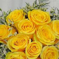 12-Yellow Roses  Bouquet  · Yellow roses in a bouquet with seasonal greens and babies breath in a vase