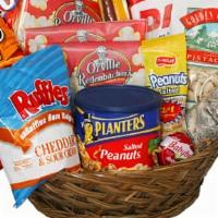 Salty Snacks Basket  · a basket with 10-14 brand named snacks such as wise chips,sunflower seeds,ritz crackers,pop ...