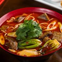 Braised Beef Noodle Soup · Not Spicy. Braised beef cubes, bok choy, bamboo and scallions in a beef broth. Spicy option ...