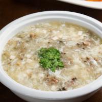 West Lake Beef Soup Gf · Starch based soup with minced beef, tofu & black mushroom