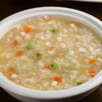 Seafood Tofu Soup · A thick soup of chopped shrimp, scallops, squid, carrots, mushroom and tofu. Shrimp, Scallop...