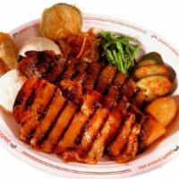 Kalbi & Bbq Chicken Plate · It comes with Kalbi and  BBQ Chicken. Served with two scoops of rice.