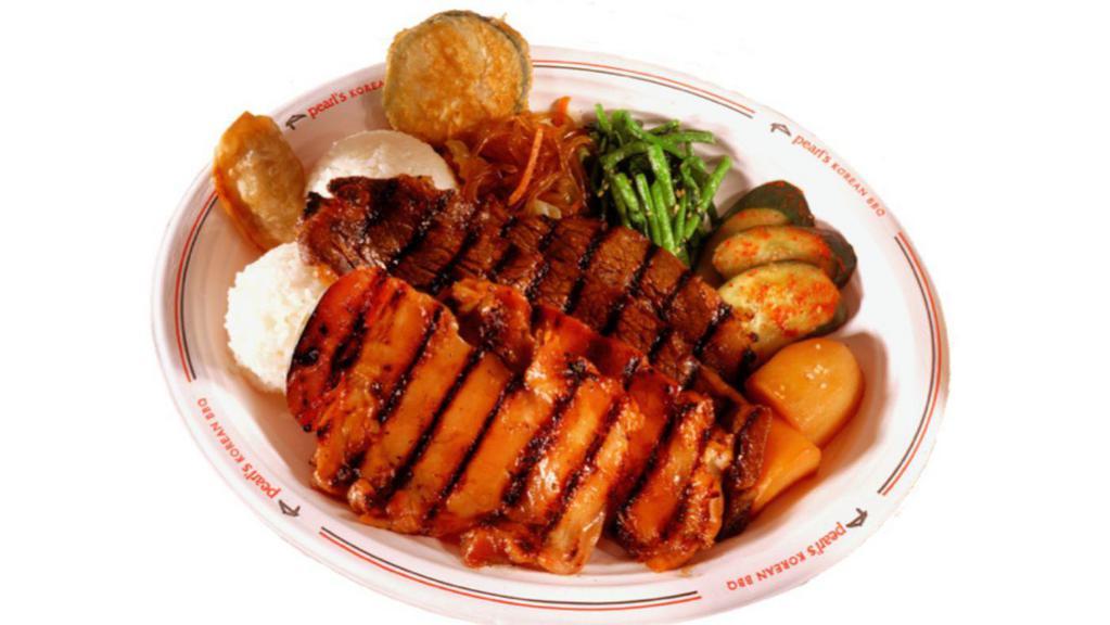 Kalbi & Bbq Chicken Plate · It comes with Kalbi and  BBQ Chicken. Served with two scoops of rice.