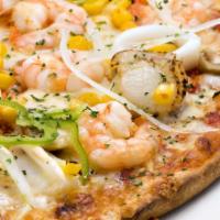 Slice Of Shrimp Pizza · Crispy golden shrimp, Parmesan cheese, and creamy Mozzarella cheese baked on a house made pi...