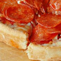 Large 10X14 Pepperoni Deep Dish · Sliced pepperoni and creamy Mozzarella cheese baked on a house made hearty deep dish pizza.
