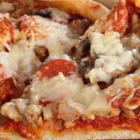 Small 8X10 Spicy Beef Sausage Deep Dish · Hearty spicy beef sausage and creamy Mozzarella cheese baked on a house made hearty deep dis...