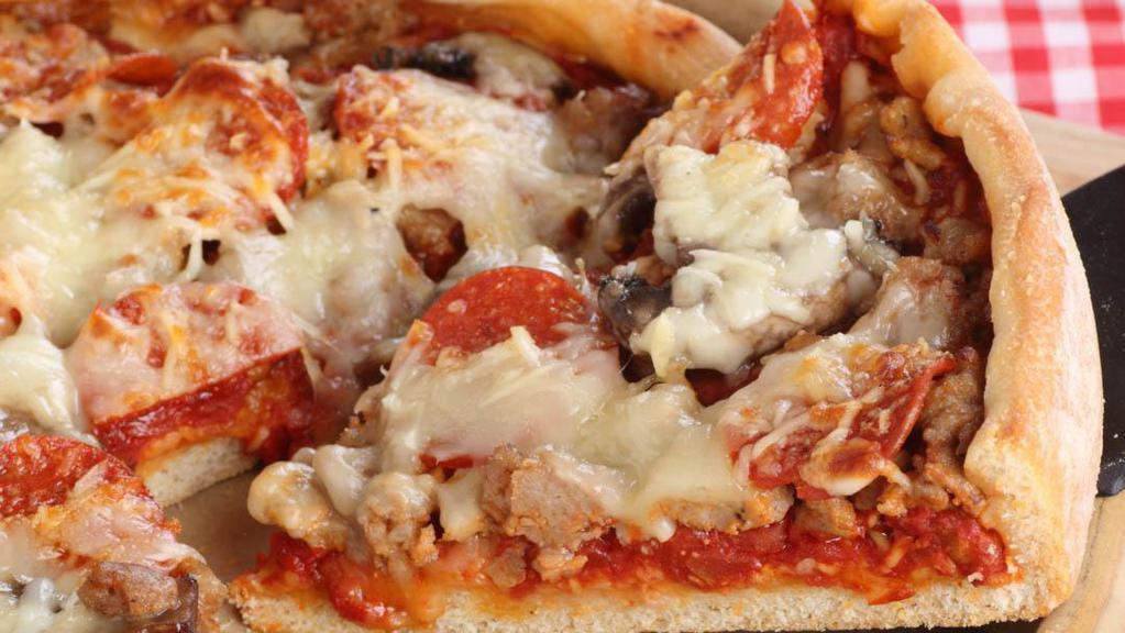 Small 8X10 Spicy Beef Sausage Deep Dish · Hearty spicy beef sausage and creamy Mozzarella cheese baked on a house made hearty deep dish pizza.