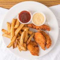 Chicken Tenders · Juicy white meat chicken with honey mustard and fries.