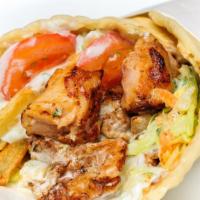 Chicken Gyro · Served on a pita bread with lettuce and tomatoes. Choice of either white sauce or hot sauce ...