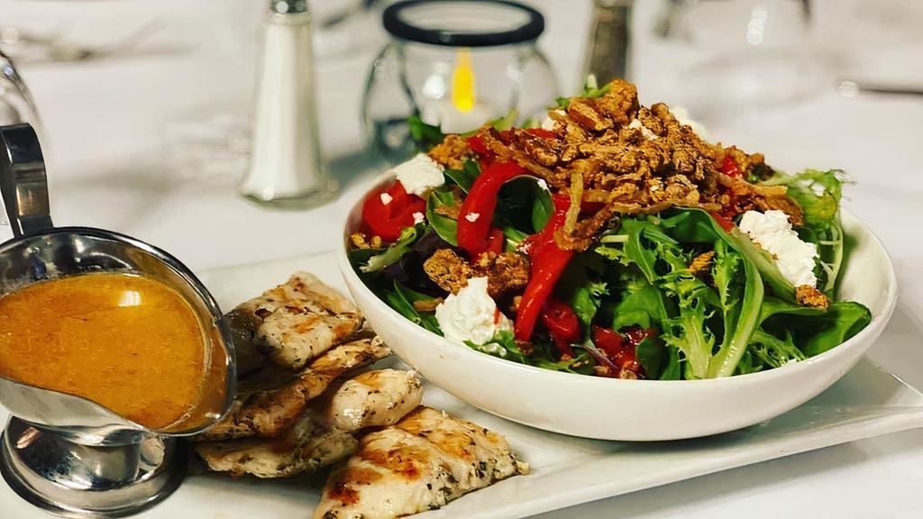Baby Greens Salad · Crispy onions, goat cheese, roasted peppers, candied pecans, homemade rosemary vinaigrette