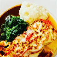 Tuscan Chicken · Grilled chicken breast, roasted red peppers, mozzarella, mashed potatoes, sautéed spinach, d...