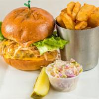 Brit Burger · topped with A1 sauce, Cheddar & crispy tumbleweed onions