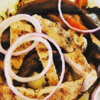 Chicken Portobello Mushroom Salad · Lettuce, tomato, onion, cucumber, grilled chicken, portobello mushrooms, mozzarella cheese, ...