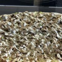 Grandma Pizza · Thin crust pan pizza with mozzarella cheese spotted with garlic herbed San Marzano tomato sa...