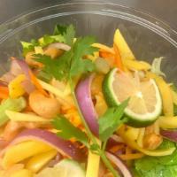 Mango Salad · Spicy. Fresh mango, tomato, cashew nut, celery, onions with spicy lime dressing. Please let ...