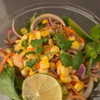 Sweet Corn & Shrimp Salad · Spicy. Crispy shrimp, peanut, tomato, celery, in spicy lime dressing. Please let use know if...