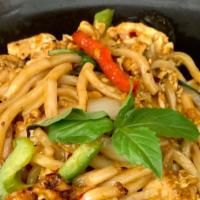 Udon Drunken Noodle · Spicy. Stir fried udon in spicy sauce with onions, fresh chili, bell peppers, fresh basil an...