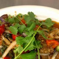 Eggplant Basil · Spicy. Eggplants, garlic, onions, fresh, basil and bell peppers in exotic thai spicy sauce. ...