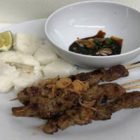Young Goat Satay (5 Pcs.) · Skewer grilled young goat with rice cake and sweet soy sauce.