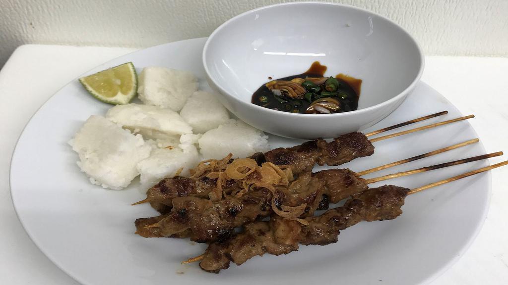 Young Goat Satay (5 Pcs.) · Skewer grilled young goat with rice cake and sweet soy sauce.