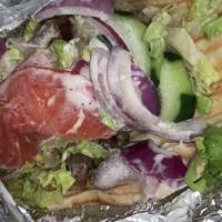 Beef Gyro · lettuce, tomatoes, onions, cucumbers, gyro sauce.