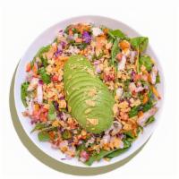 Spicy Chicken Bowl · Warm brown rice, spinach, carrots, purple cabbage, pico de gallo, avocado, crushed tortilla ...