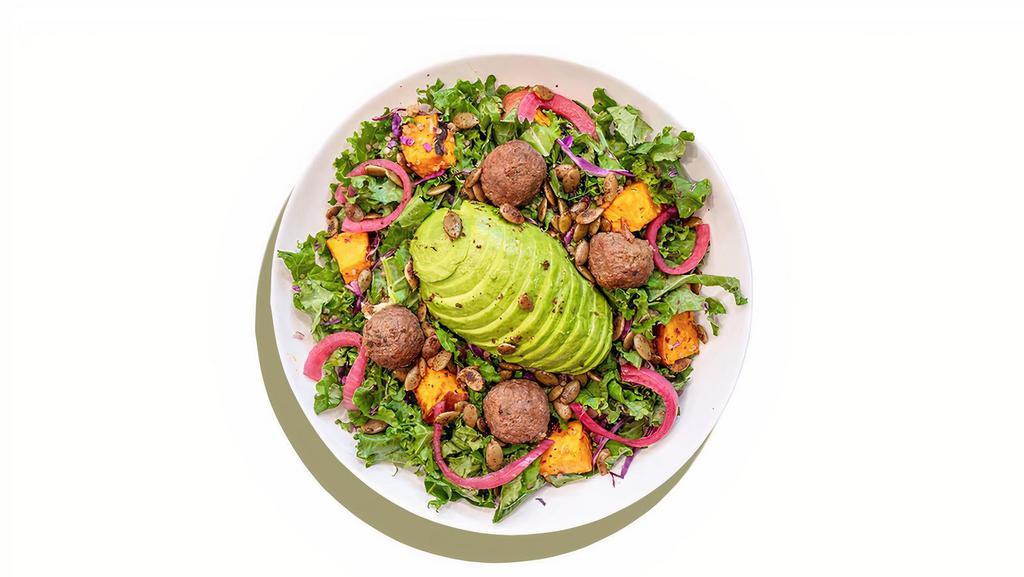 Impossibowl · Warm quinoa, shredded kale, carrots, purple cabbage, sweet potatoes, pickled onions, half avocado, spiced seeds and chipotle mayo dressing