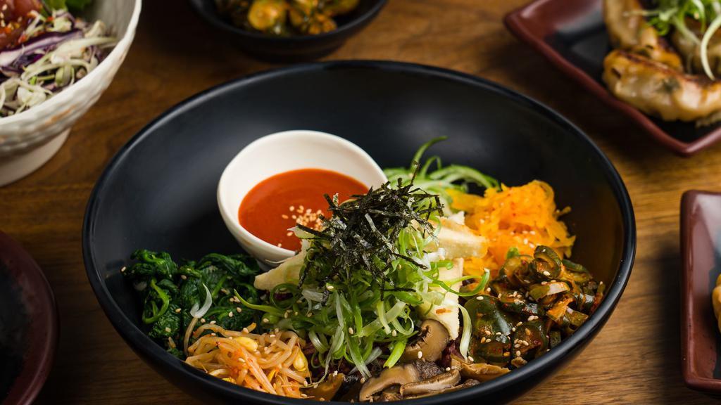 Bibimbap · Made with either rice or noodles featuring pickled daikon, cucumber, kimchi, shiitake mushrooms, beansprouts, spinach, and protein of choice. Served with a housemade gochujang sauce. 

Can be vegan (tofu), or gluten-free (chicken and rice).