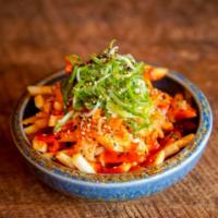 K-Town Fries · Crispy shoestring fries topped with kimchi, housemade gochujang aioli sauce, bulgogi mayo, s...