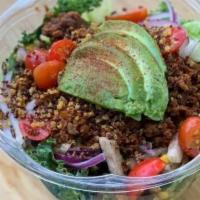 Beyond Impossible Salad · Beyond impossible meat, quinoa, tomatoes, carrots, avocado, cucumbers, olives, feta cheese, ...