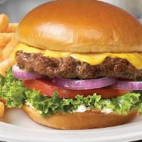 Classic Burger (8 Oz) · Organic Angus beef blend served with lettuce, tomato, onions, cheddar cheese, and homemade p...