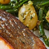 Pan Seared Atlantic Salmon · Seasonal vegetables, organic quinoa, and yuzu sauce.