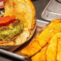 Veggie Burger · Chickpeas, Spinach, Ricotta, Carrot. 
Not Gluten Free or Vegan