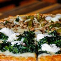 Spinach Ricotta Keto Pizza · Almond Flour Crust: 3.5 carbs, 10 protein, 15 fat