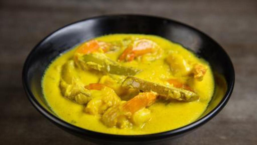 Shrimp Malai Curry · Shrimp, green mangoes, and panch poran.